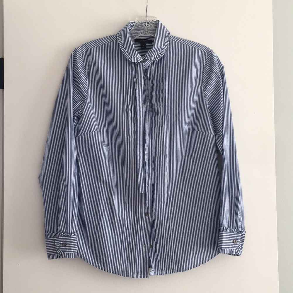 JCrew ruffled collar, tie neck button down shirt.